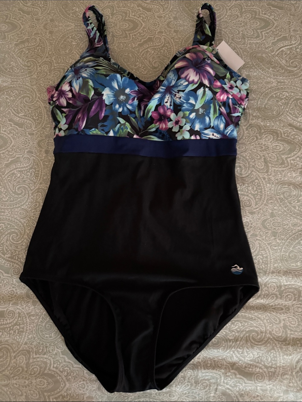 Floral Bust Black One-Piece Swimsuit with Navy Band - Women